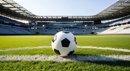 Black and white photo of a football in the middle of a football field during the day with the sun shining brightly against the vast background of a magnificent stadium