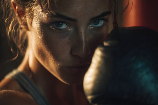 Focused female boxer wrapping hands before training, determination and discipline in low light gym.