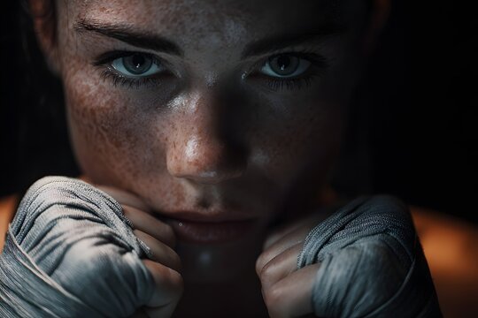 Close-up of female boxer with intense gaze and wrapped hands, strength and determination concept.