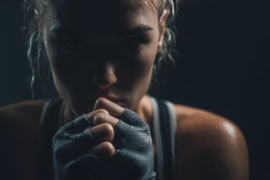 Female boxer resting between rounds, sweat and focus under dramatic lighting in boxing gym.