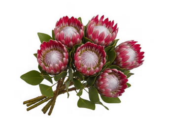 A beautiful bouquet of six vibrant pink king protea flowers green leaves, isolated on transparent background