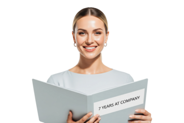 Happy female employee celebrating her seven year work anniversary at the company