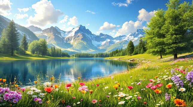 Stunning mountain lake landscape with vibrant wildflowers and crystal clear water