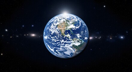 Obraz premium Photo of the earth clearly completely round completely in outer space with a busy galaxy background of lights and stars colored blue yellow orange and other galaxy decorations