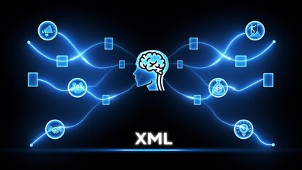 Extensible markup language network with brain icon and glowing blue lines connecting various icons data