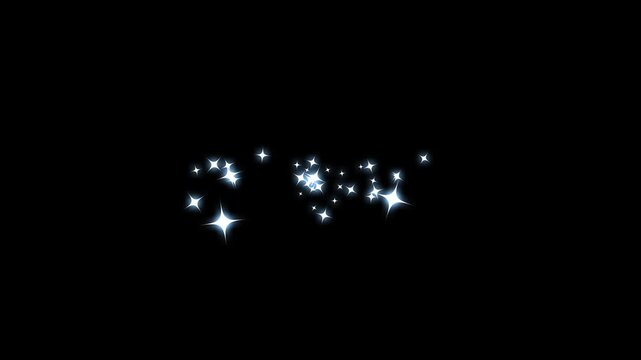 White sparkles particle shining from moving left side exit right side on black background, twinkling glitter stars animation, fairy dust wand glitter stars trail transition on alpha channel loop 4k