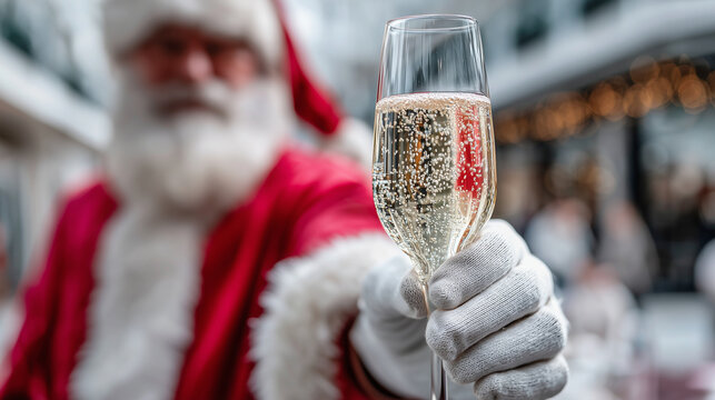 Photography masterclass, Santa's white gloved hand holding a glass of champagne