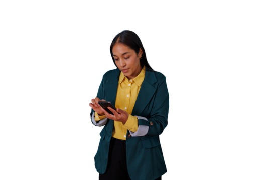 Woman standing and interacting with her smartphone for business tasks, connecting to digital world, transparent background