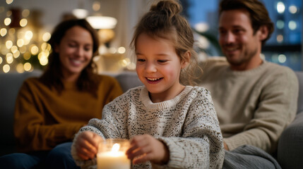 Obraz premium Cozy living room with Advent decorations, child lighting first candle while parents watch, warm golden evening tones, festive and emotional holiday moment Authentic and lifestyle s