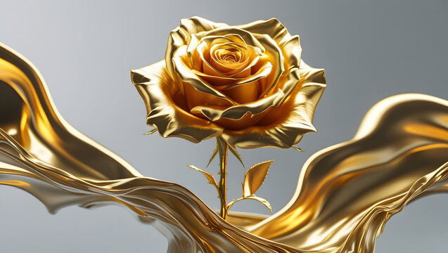 Cinematic golden rose with molten liquid elegance, featuring a luxurious metallic flower surrounded by flowing gold patterns, dramatic lighting, and precise focus, highlighting sophistication, texture