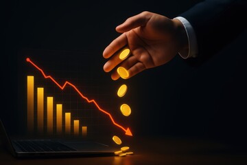 Financial crisis concept. Hand dropping gold coins over red declining bar graph symbolizing economic downturn, investment loss, and decrease in gold value in unstable market.
