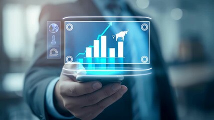 Businessman holding smartphone with digital stock growth chart, blue holographic bull market analytics and rising financial graph display - Powered by Adobe