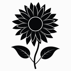 Black silhouette of a sunflower with two leaves, isolated on white background