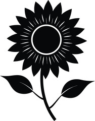Black silhouette of a sunflower with two leaves, isolated on white background
