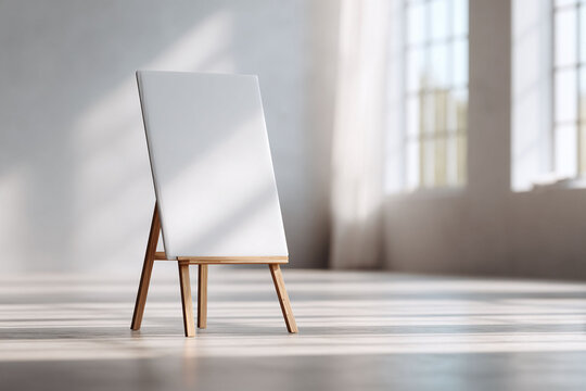 Blank canvas on a wooden easel in sunlit room. Minimalist art concept, creativity, presentation mockup. Ideal for artists, designers, marketers, or business.
