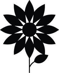 Black silhouette of a sunflower with a stem and two leaves isolated on white background