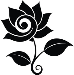 Black silhouette of a rose with a stem and two leaves isolated on white background