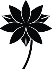 Black silhouette of a stylized lotus flower with pointed petals and two leaves, isolated on white background