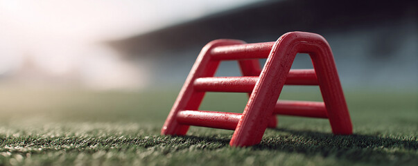 Vivid, closeup shot of a red agility ladder on artificial turf. Focus on training, sports, fitness, and athletic performance. Use for success, goals, and progression concepts.