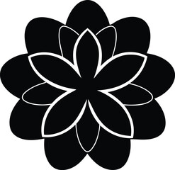 Black silhouette of a stylized multilayered flower with rounded petals, isolated on white background