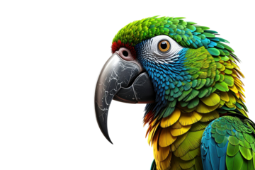 Close-up portrait of a colorful macaw parrot on a grey background with copy space
