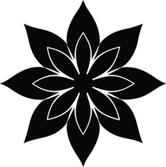 Stylized black flower with eight pointed petals and a white outline, isolated on white background