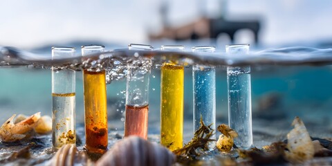 Water Quality Testing with Test Tubes on Split Level Seashore Background