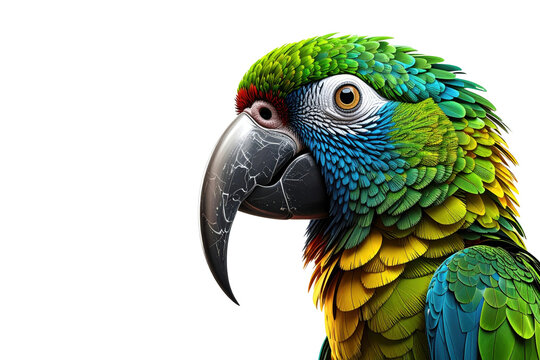 Close-up portrait of a colorful macaw parrot on a grey background with copy space