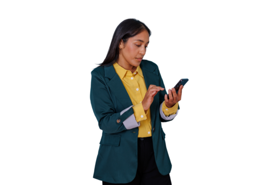 Businesswoman using smartphone, typing message, browsing internet for communication, work, and digital connection with transparent background
