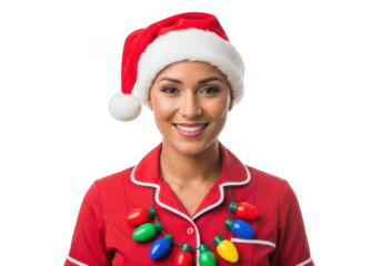 Joyful woman in red santa hat and colorful christmas light necklace, smiling for festive holiday season celebration