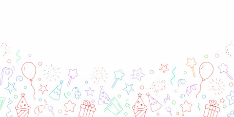 Whimsical hand drawn doodle border of party elements and celebrations on white background
