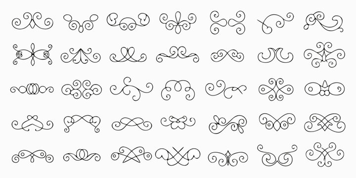 Collection of elegant hand drawn black decorative flourishes and ornamental swirls on white background