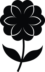 Simple black silhouette of a flower with stem and leaves isolated on white background