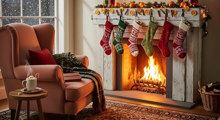 Naklejka premium Festive christmas fireplace scene with stockings garland and a cozy armchair in a warm setting 