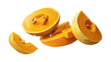 Vibrant slices of fresh pumpkin with seeds on a black background.