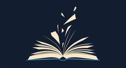 An open book with pages flying upwards in a swirling motion against a dark background.