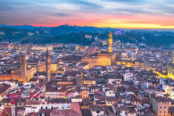 Florence, Italy aerial cityscape skyline at golden hour. 990