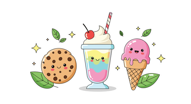 Cute kawaii desserts including a cookie ice cream cone and milkshake.