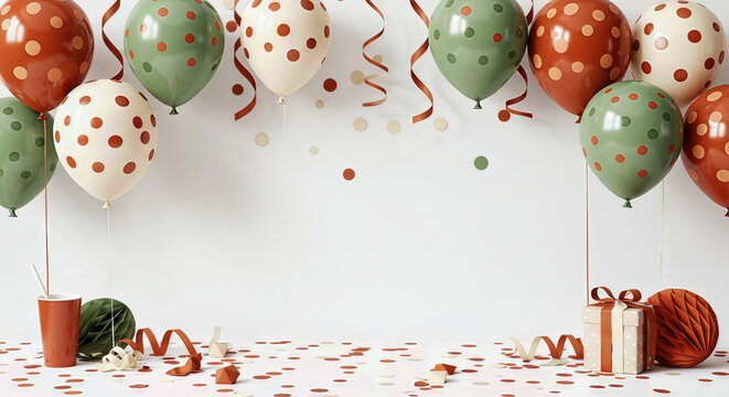 Stylish Modern Celebration Background with Burnt Orange and Sage Green Polka Dot Balloons, Confetti, and Party Favors, Featuring Ample White Copy Space.