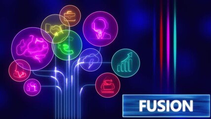 Digital network connection concept with glowing neon icons representing ideas teamwork strategy and growth on a dark background with colorful light streaks and the word fusion