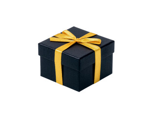 Obraz premium Black gift box with yellow ribbon elegant present packaging isolated on transparency background perfect for celebration birthday anniversary or festive surprise joyful and stylish