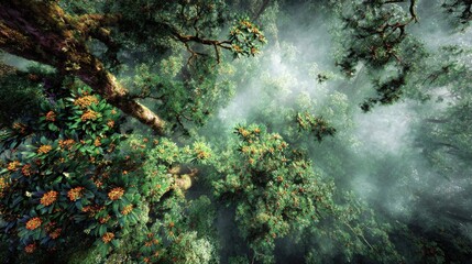 An enchanting and magical drone photograph, flying just above the emerald canopy of an ancient rainforest. T