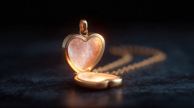Golden heart locket with a gem, open on a dark surface. A metaphor for love, memory, or hidden treasures. Perfect for romantic themes or sentimental designs.