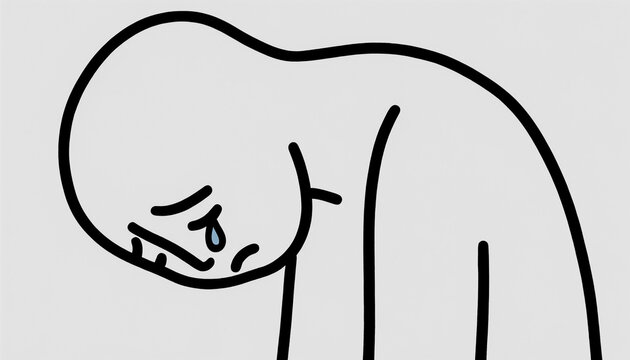 Line art depiction of sad character with tear on grey background  