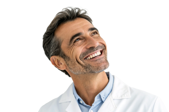 Smiling dentist. Doctor. Looks happy. Looks satisfied. Joy. Cutout. Transparent.