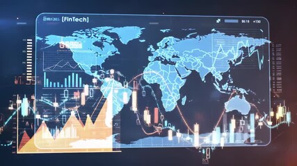 Futuristic global financial data display with world map and stock market charts technology , Glowing financial dashboard analytics and trends, Futuristic global market and investment concept. - Powered by Adobe