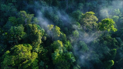 A breathtaking drone shot, low-altitude, skimming the canopy of a lush tropical rainforest. 
