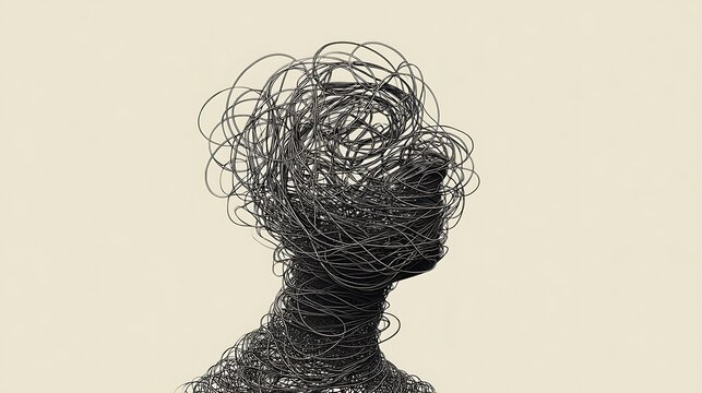 minimalist conceptual vector, head filled with swirling tangled lines forming infinite loop, metaphor of stress and mental overload, calm tone, v7 lighting 