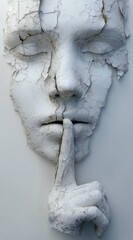Modern sculpture depicting a cracked face with a finger on lips in a quiet urban space