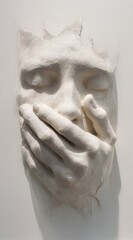 Emotional sculpture of a face holding hands over the mouth displayed in a modern art gallery setting